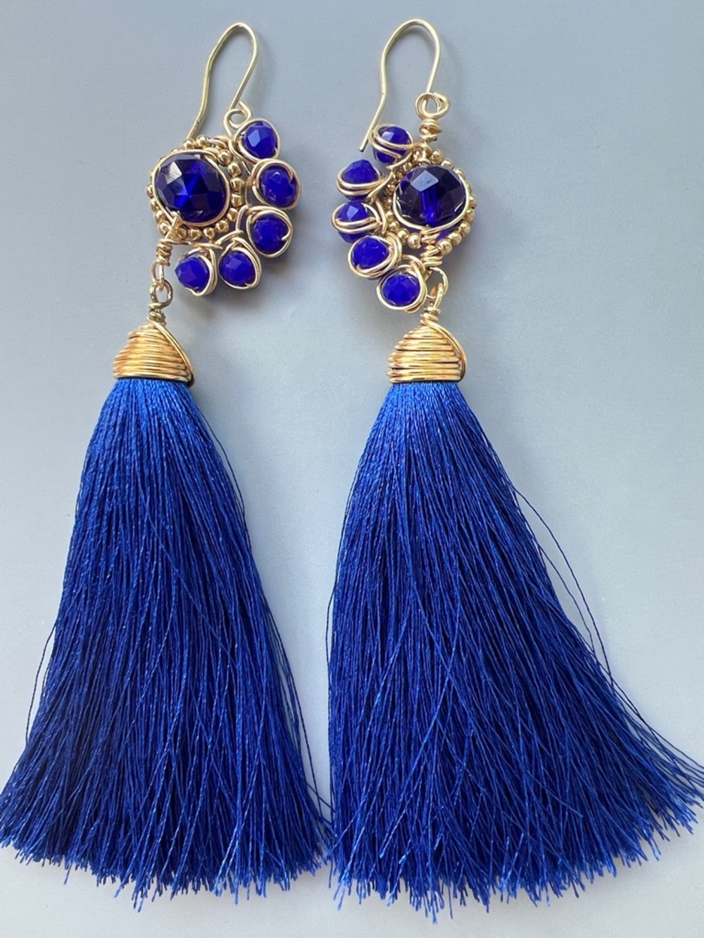 Gold-Accented Royal Blue Tassel Earrings